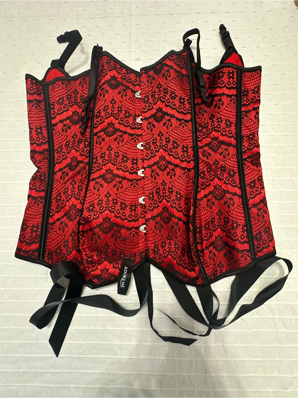 Adore Me Red Corset with Black Lace Trim